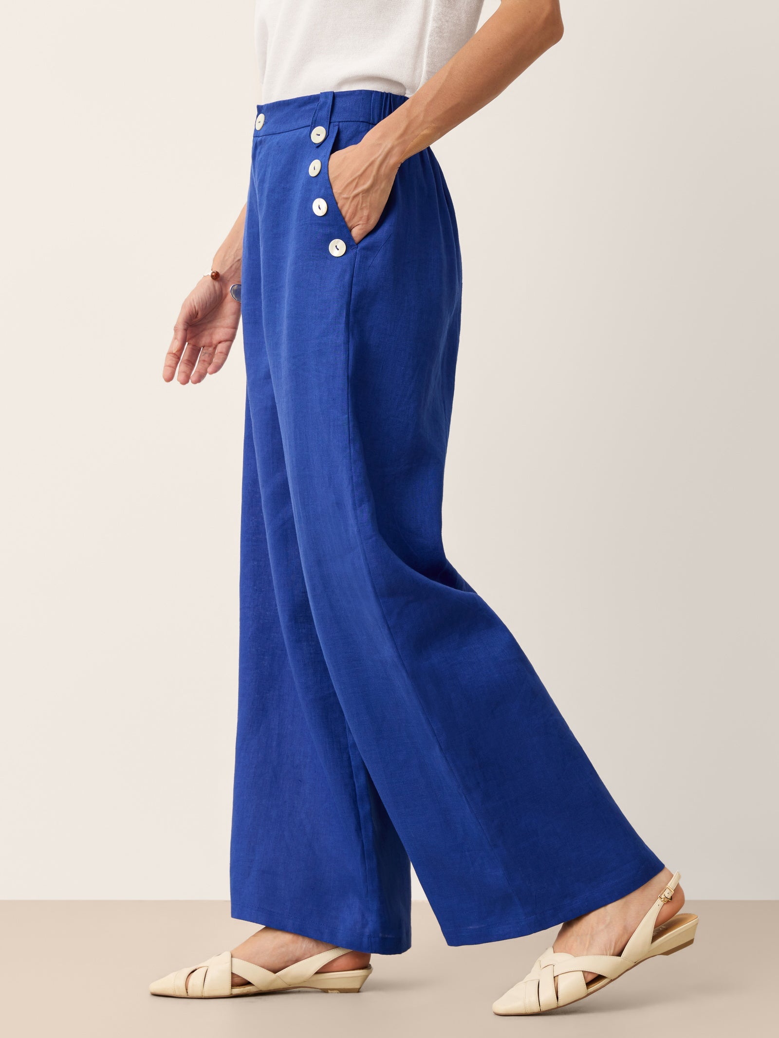 Fashionista Heaven Linen Shell-Button Wide-Leg Pants — Carlotta