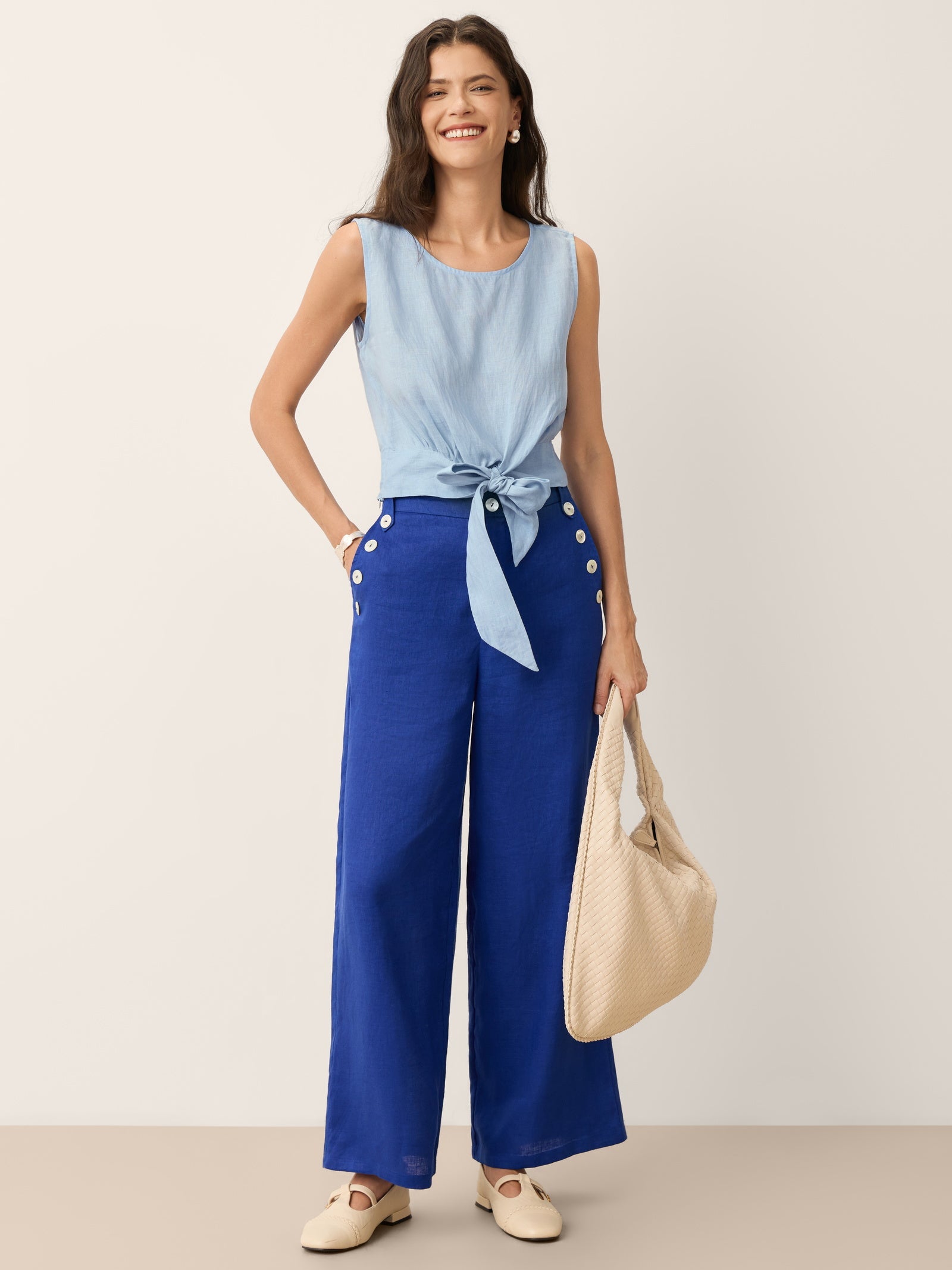 Fashionista Heaven Linen Shell-Button Wide-Leg Pants — Carlotta