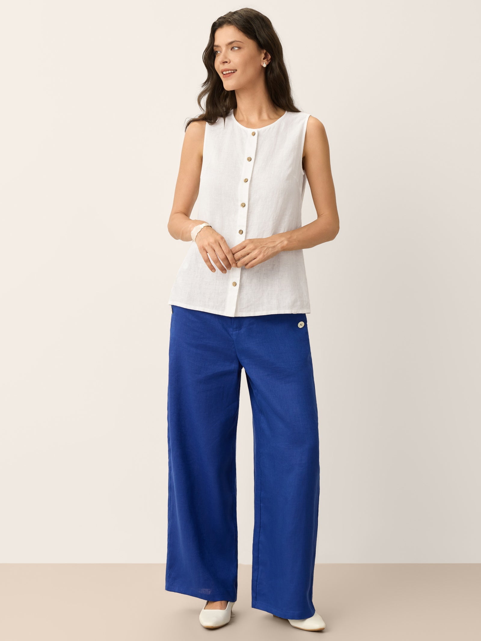 Fashionista Heaven Linen Shell-Button Wide-Leg Pants — Carlotta