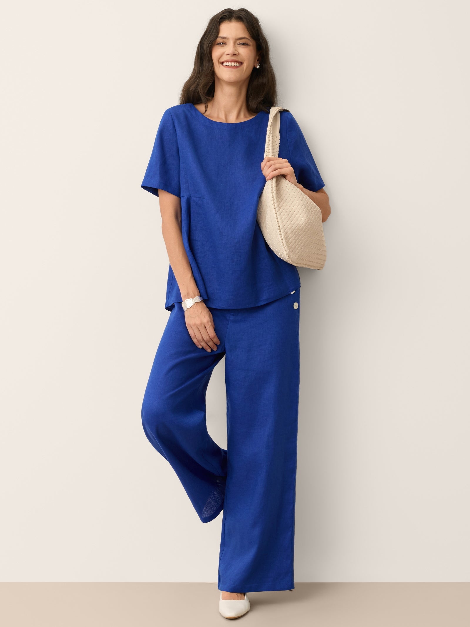 Fashionista Heaven Linen Shell-Button Wide-Leg Pants — Carlotta