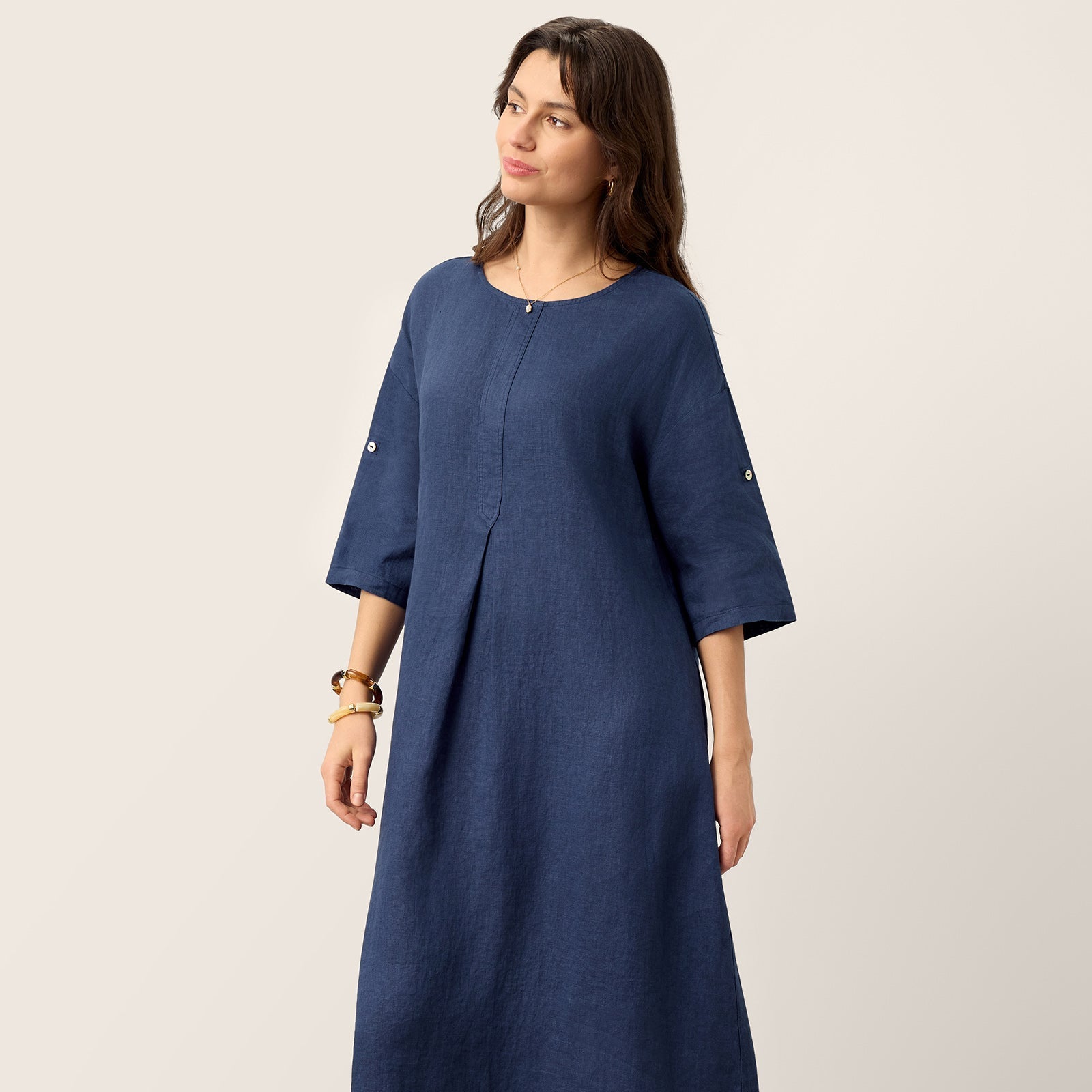 Linen Roll-Up Sleeve Dress — Maribel