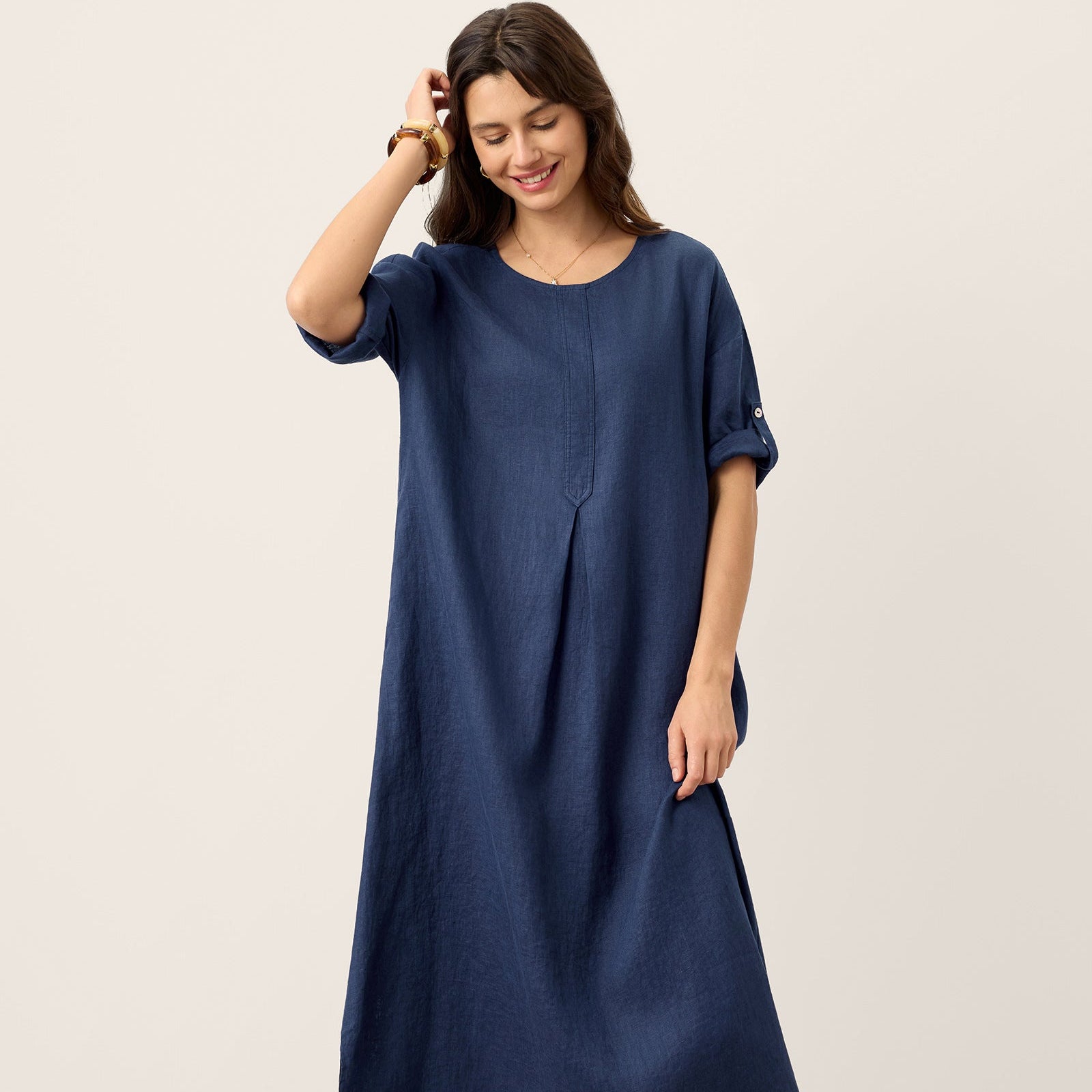 Linen Roll-Up Sleeve Dress — Maribel