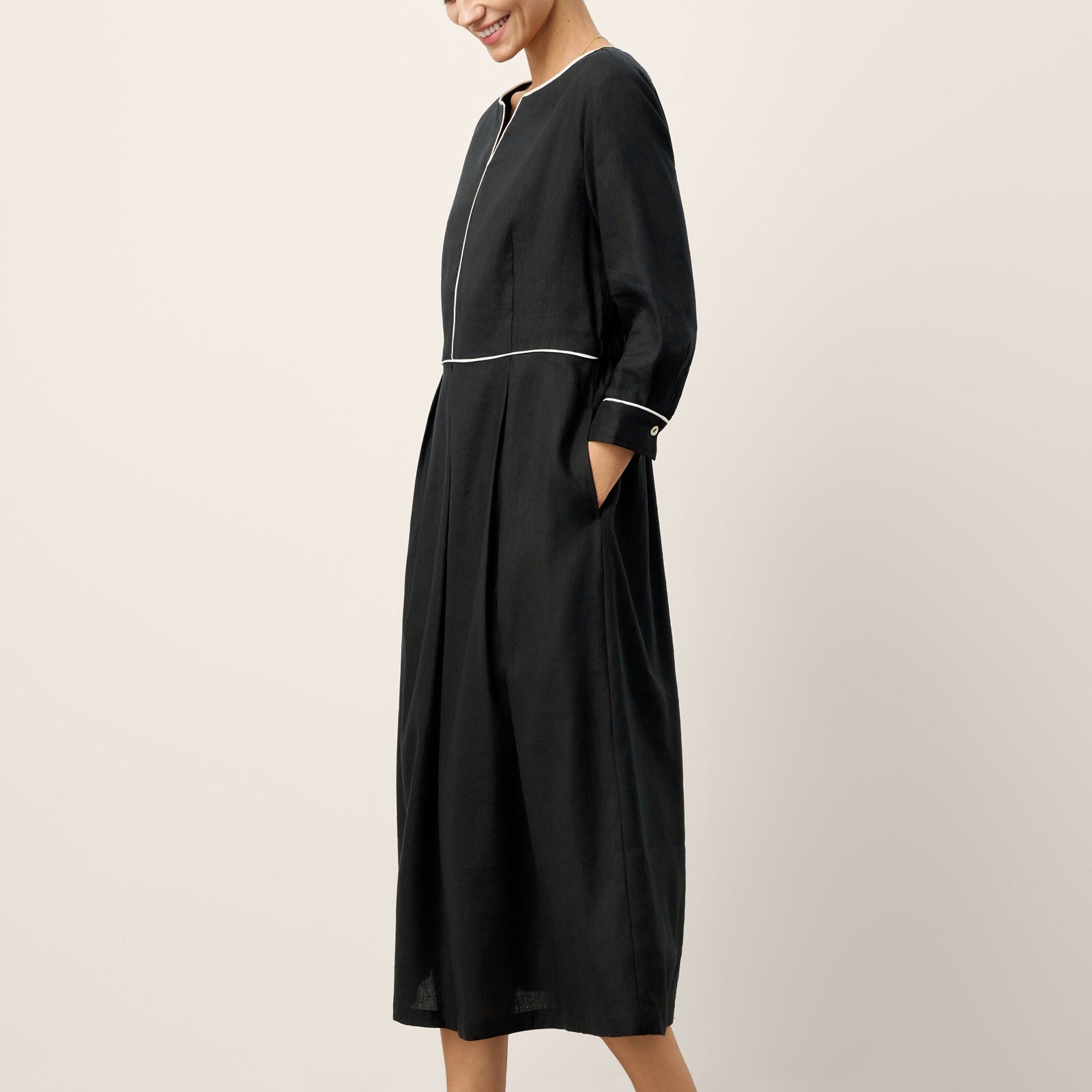 Linen-Lyocell Contrast Trim Dress — Nyx