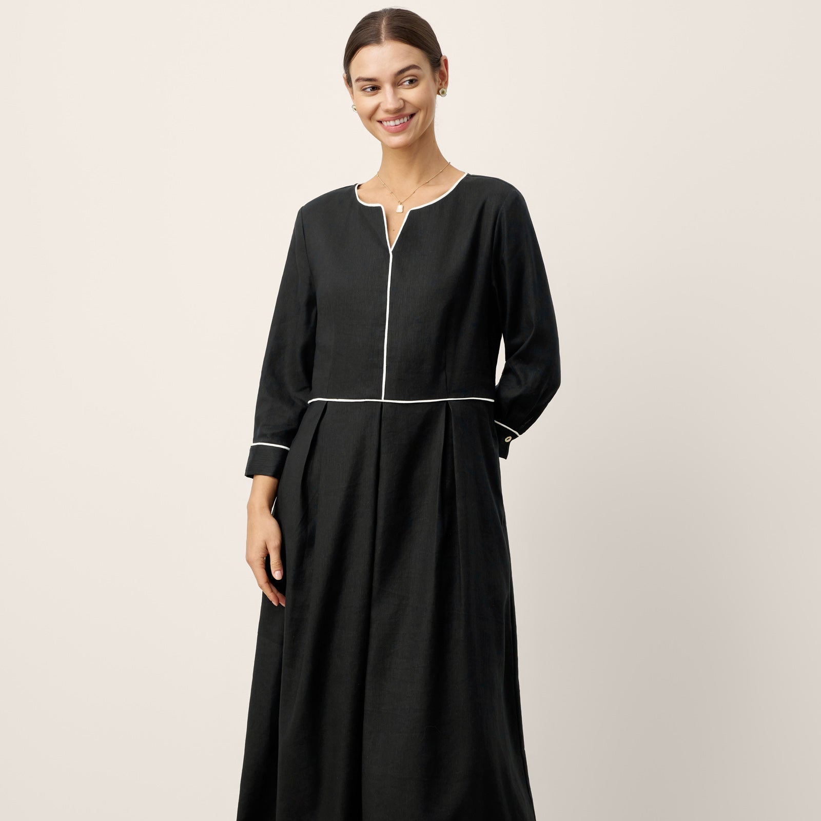 Linen-Lyocell Contrast Trim Dress — Nyx