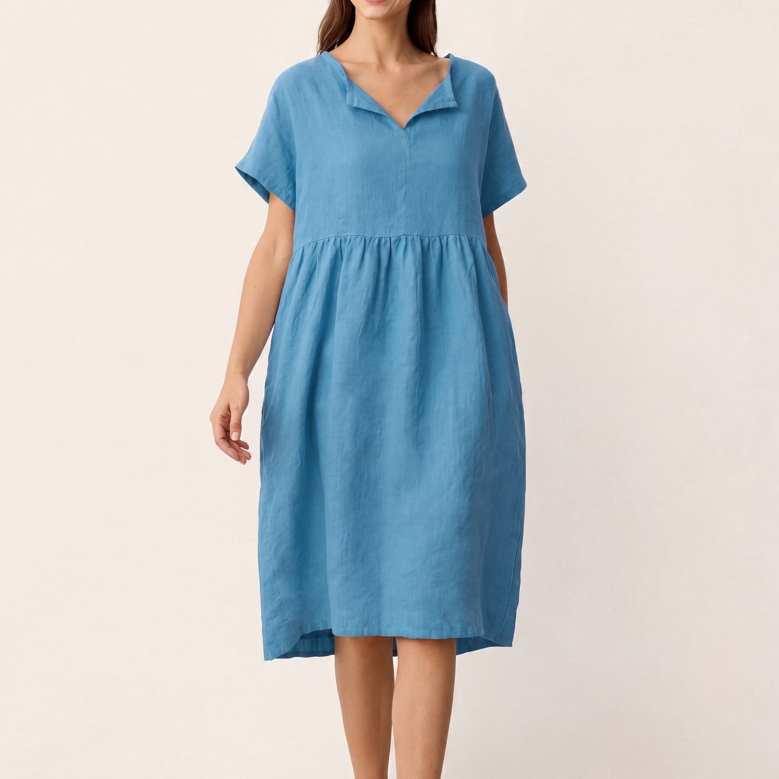 Linen Split Neck Mini Dress — Sydney