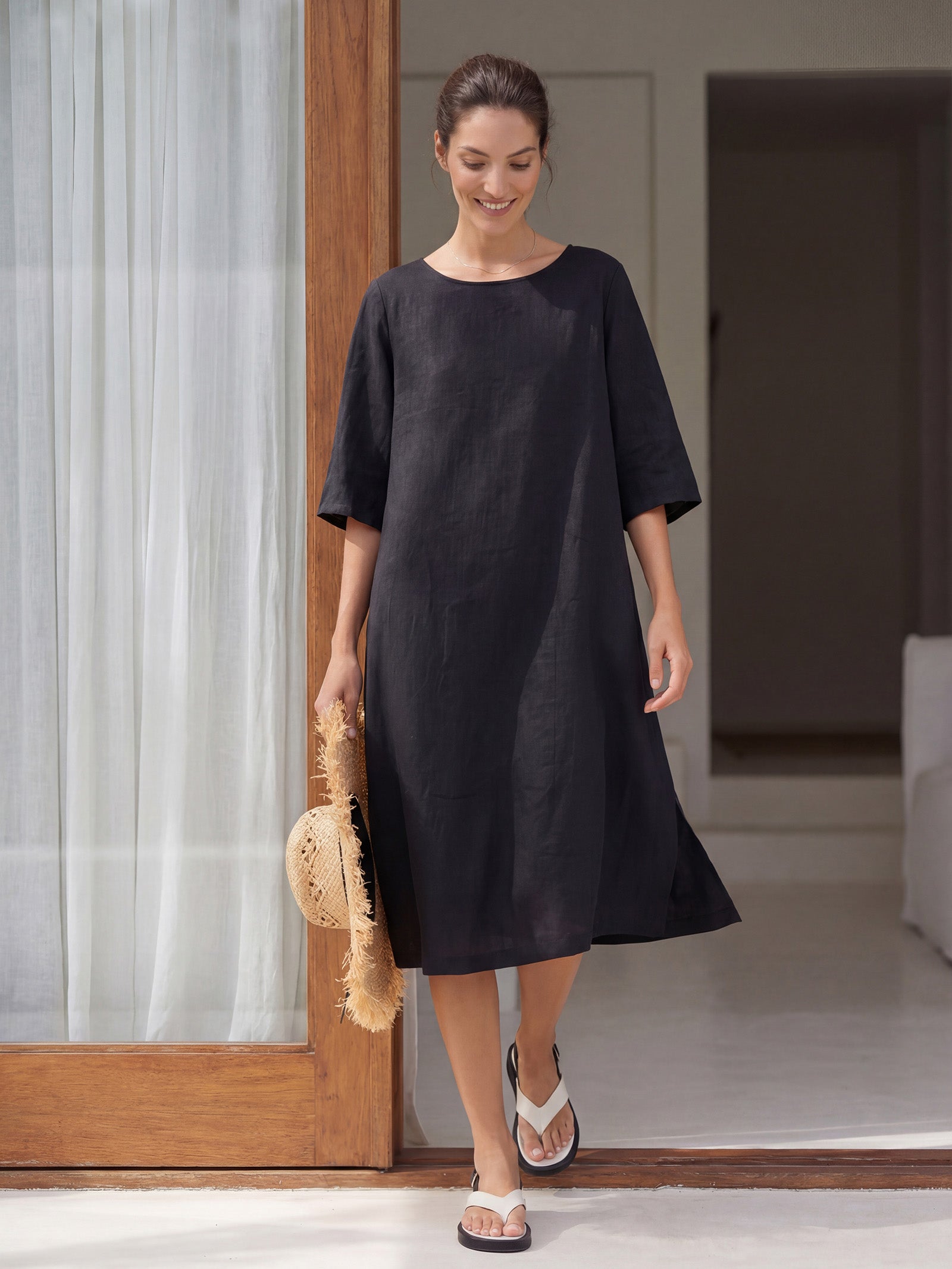 Linen Collarless Dress — Sofia