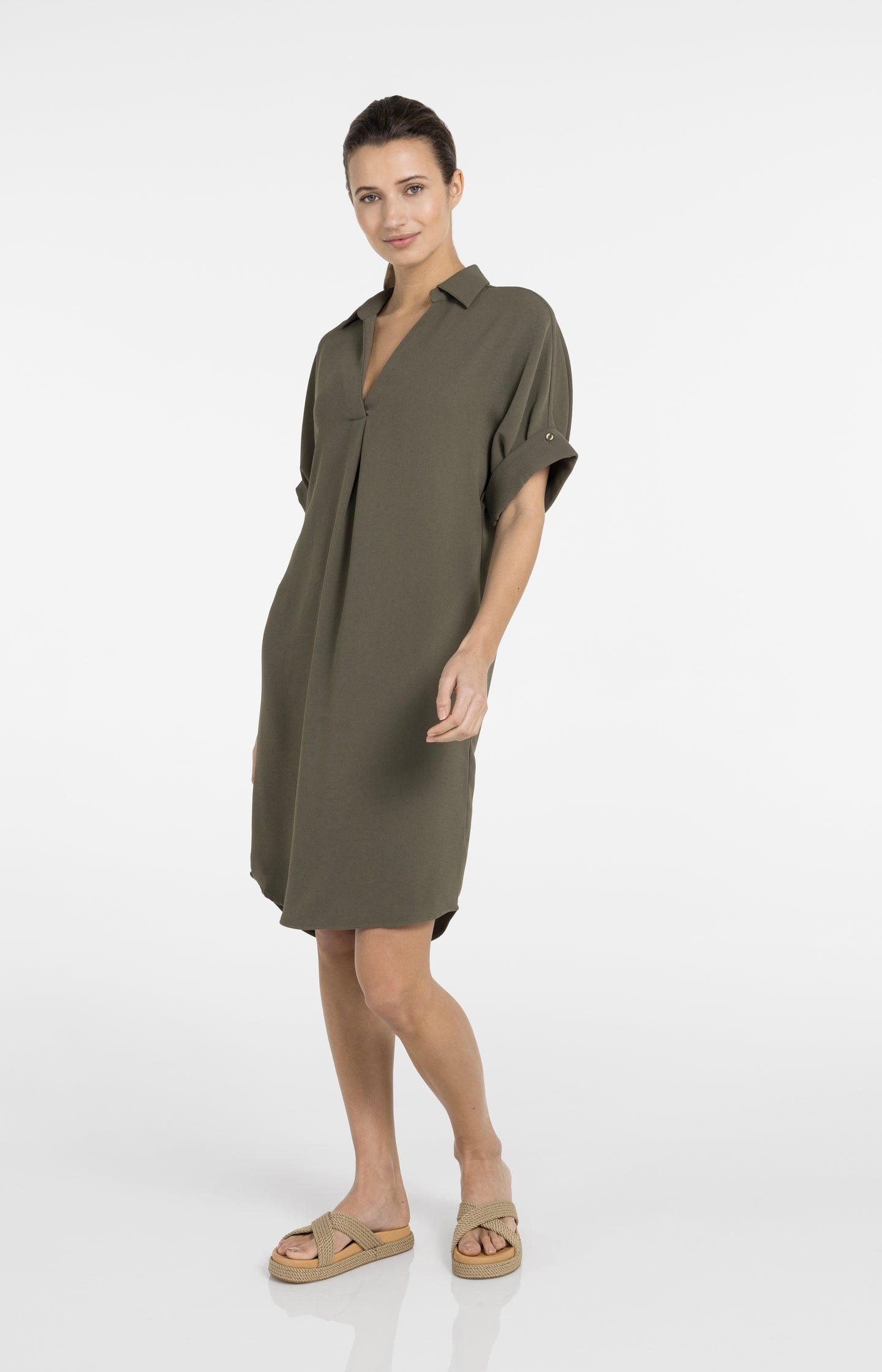 Polyester Shirt V-Neck Dress — Lena